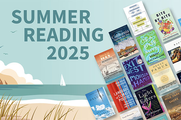 Colorful and stylized graphic of the beach, with images of numerous book covers and the headline "Summer Reading 2025"